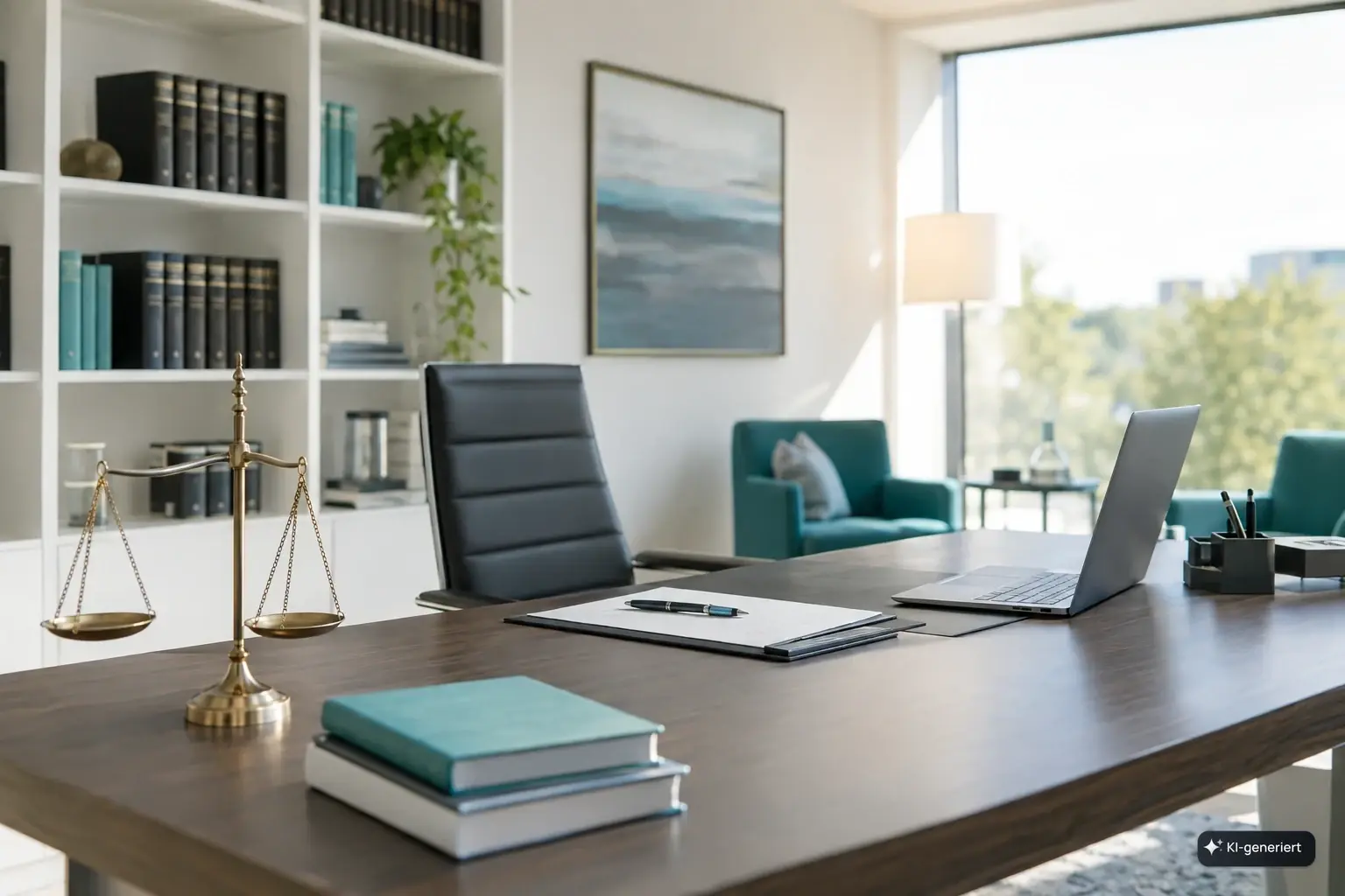 KI-generiertes Bild: Schreibtisch mit Waage, Büchern und Laptop in einem hellen Büro mit Bücherregal.
